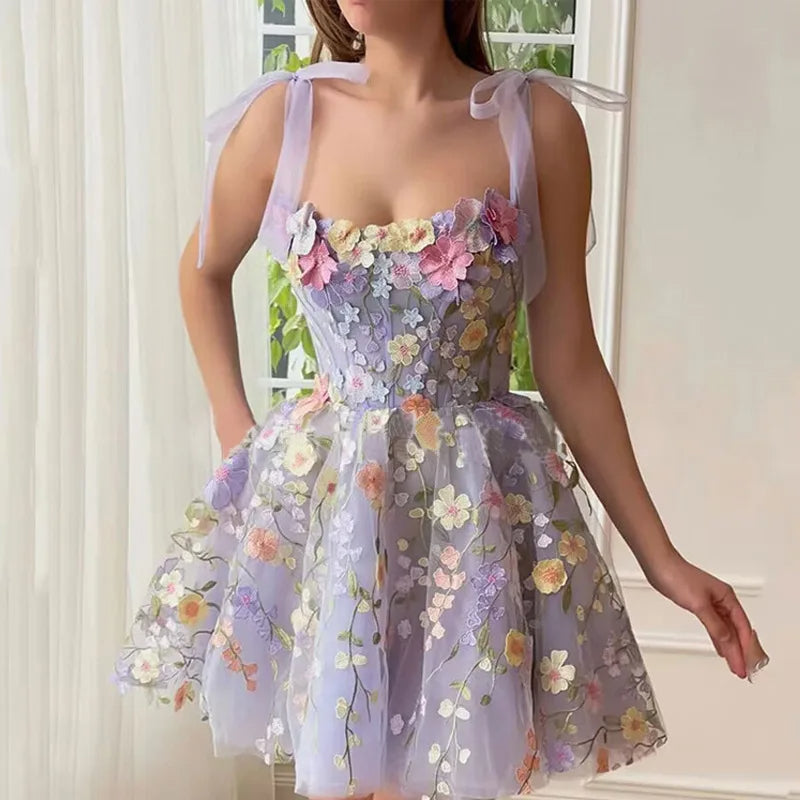Tulle Cocktail Dress with Floral Appliqués - Rosalie-Purple-XS-Nora Luxe