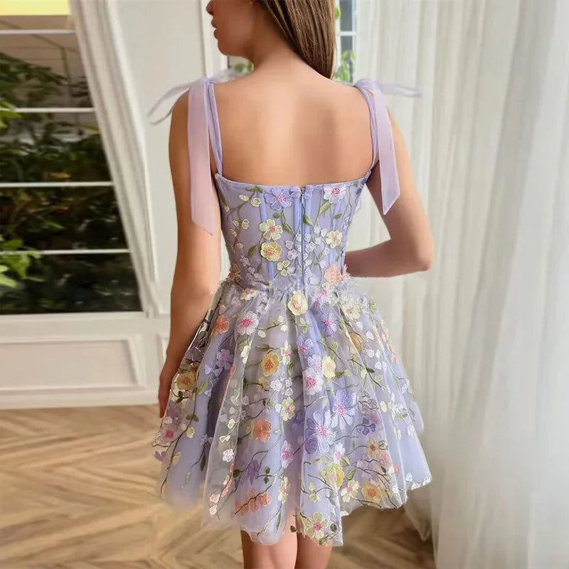 Tulle Cocktail Dress with Floral Appliqués - Rosalie-Purple-XS-Nora Luxe