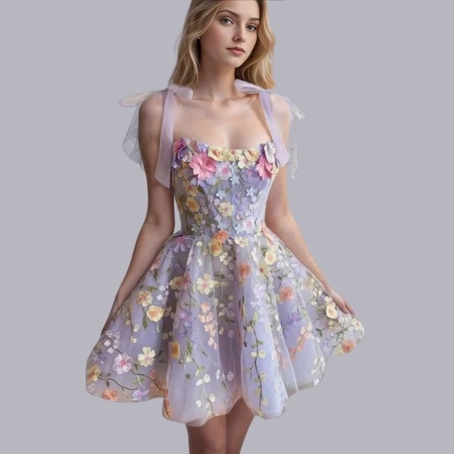 Tulle Cocktail Dress with Floral Appliqués - Rosalie-Purple-XS-Nora Luxe
