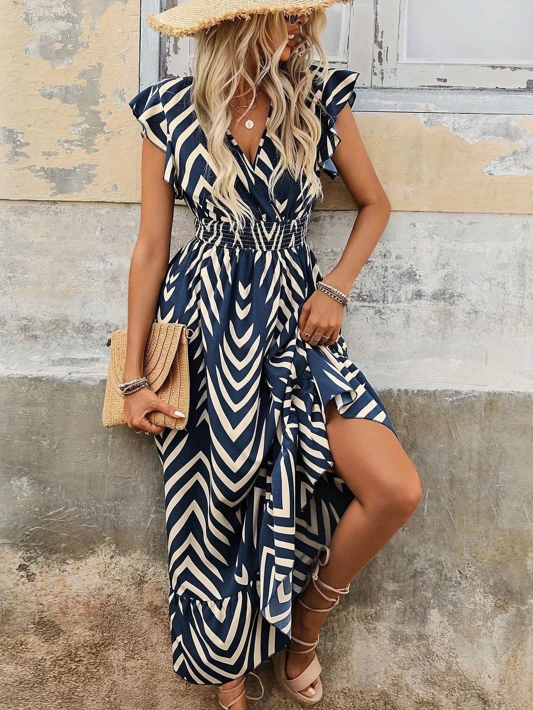 Twisted Waist Dress with Print | Isabella | Stylish and Chic-S-Blue-Nora Luxe
