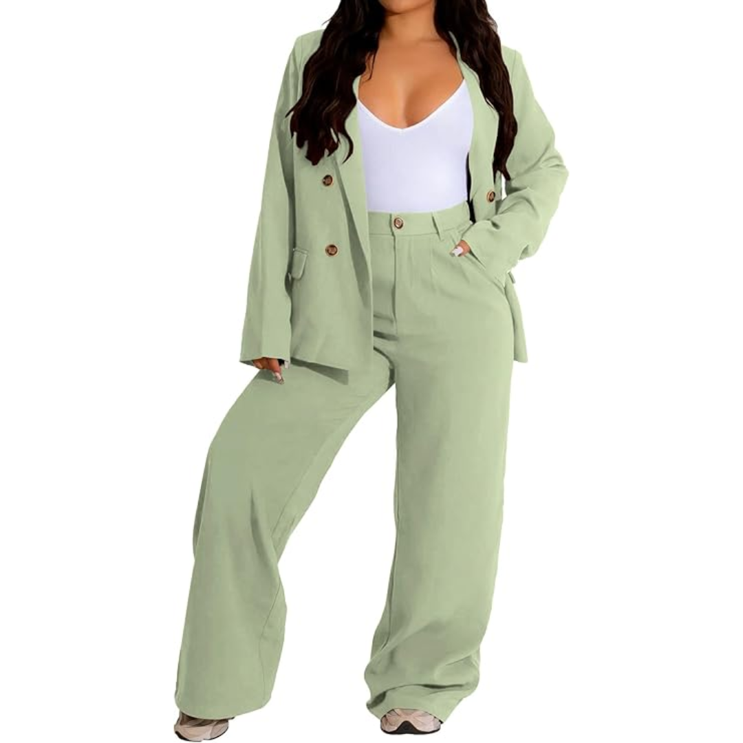 Two-Piece Blazer & Wide Trousers Women's Business Suit - Wendy-Light Green-S-Nora Luxe