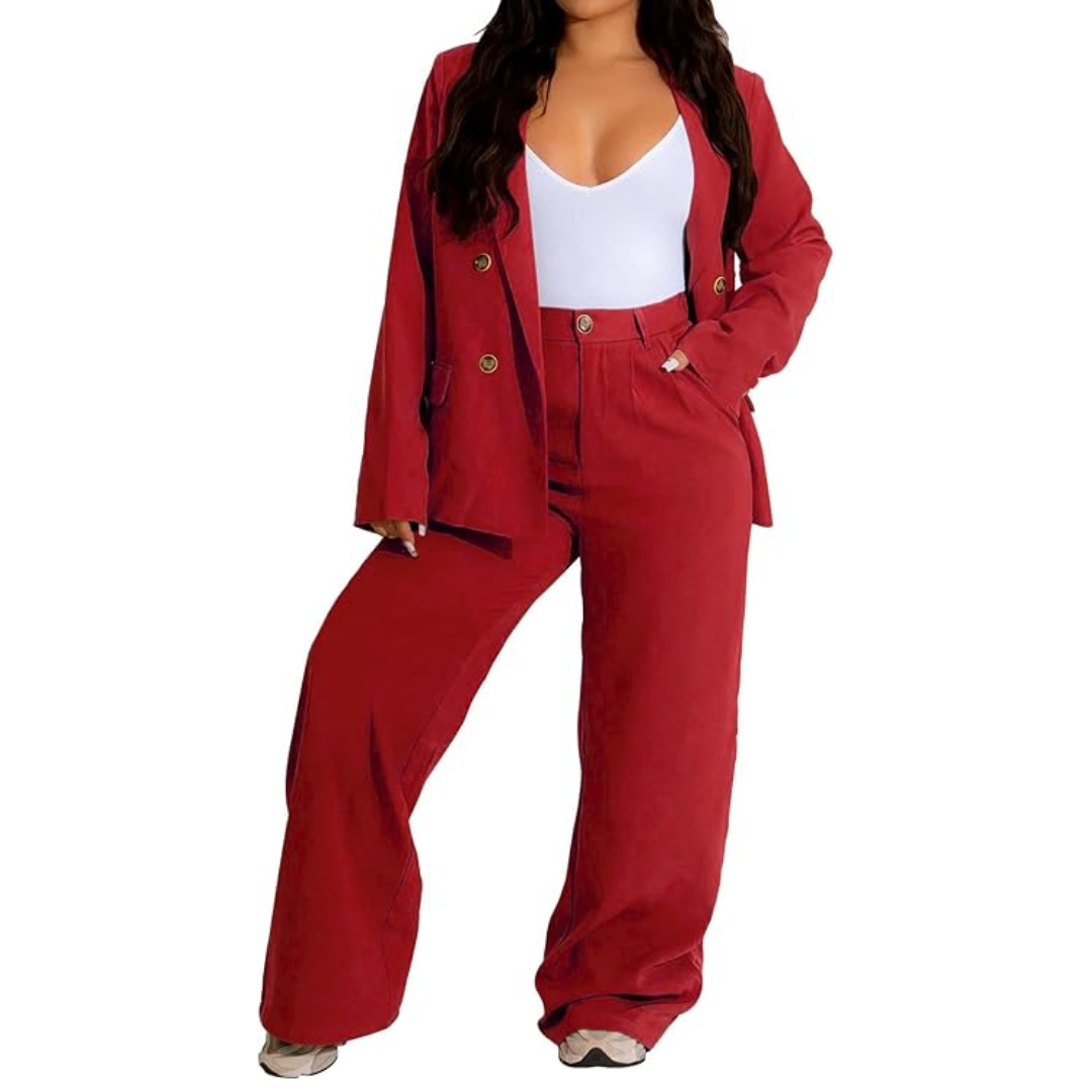 Two-Piece Blazer & Wide Trousers Women's Business Suit - Wendy-Red-S-Nora Luxe