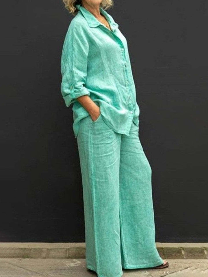 Two-piece cotton-linen women's suit summer - Linora-Green-S-Nora Luxe