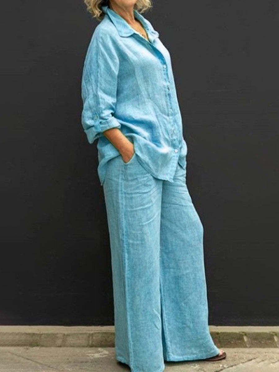 Two-piece cotton-linen women's suit summer - Linora-Light blue-S-Nora Luxe