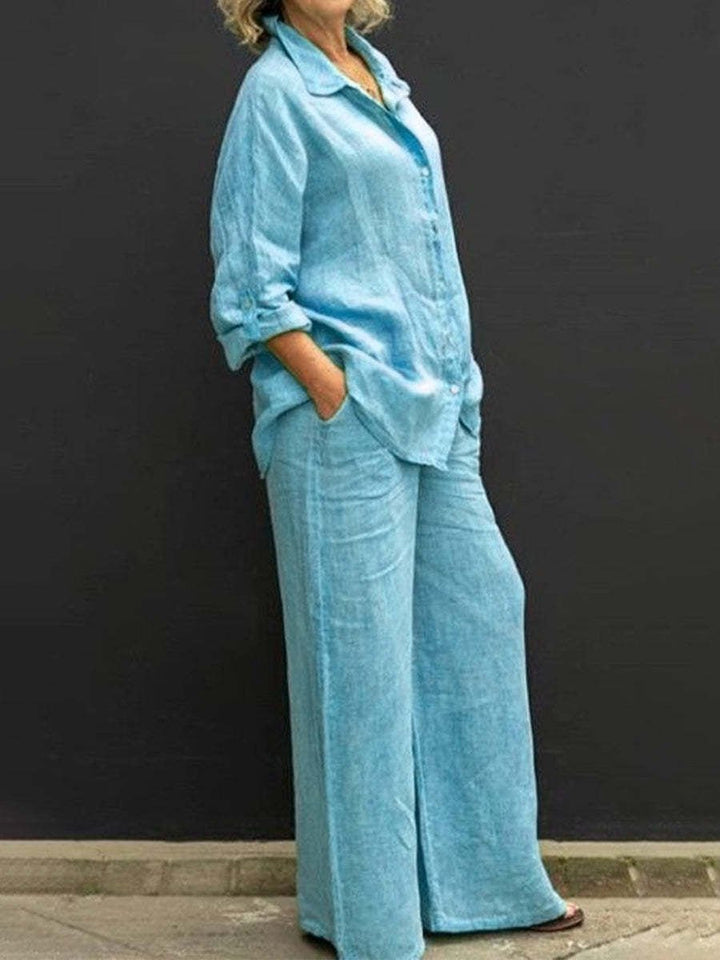 Two-piece cotton-linen women's suit summer - Linora-Light blue-S-Nora Luxe