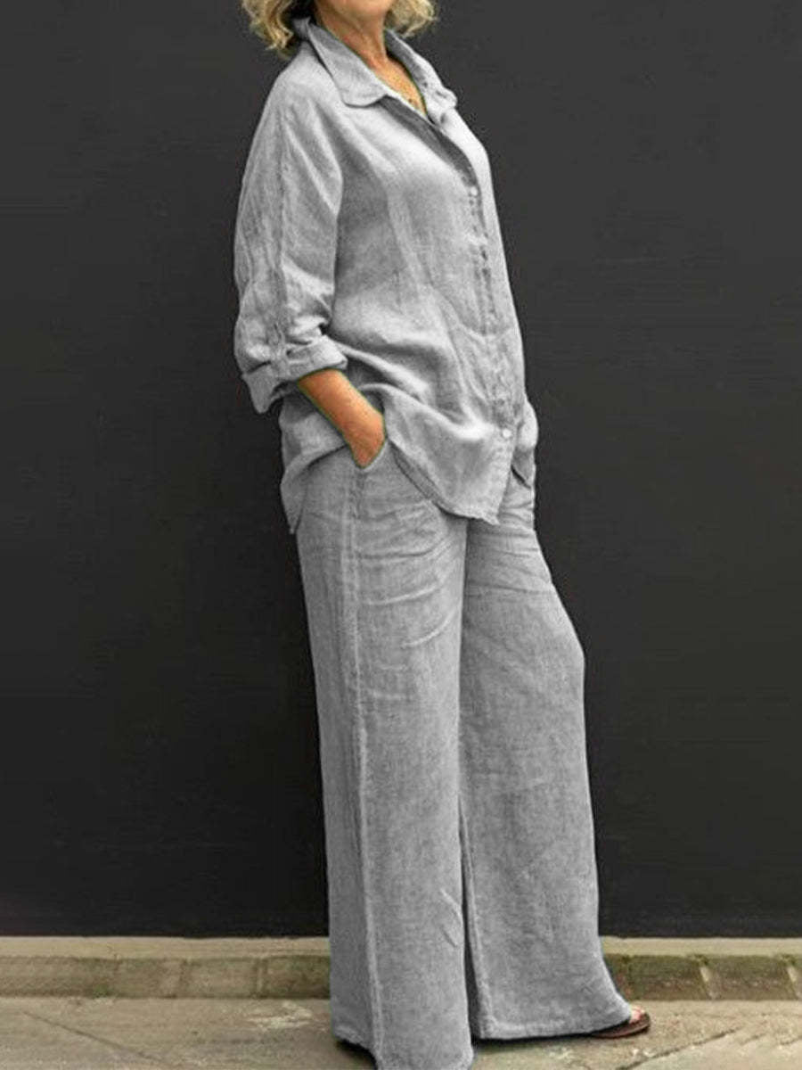 Two-piece cotton-linen women's suit summer - Linora-Light grey-S-Nora Luxe