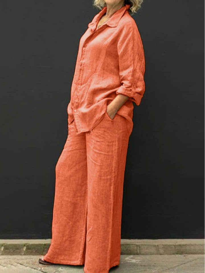 Two-piece cotton-linen women's suit summer - Linora-Orange-S-Nora Luxe