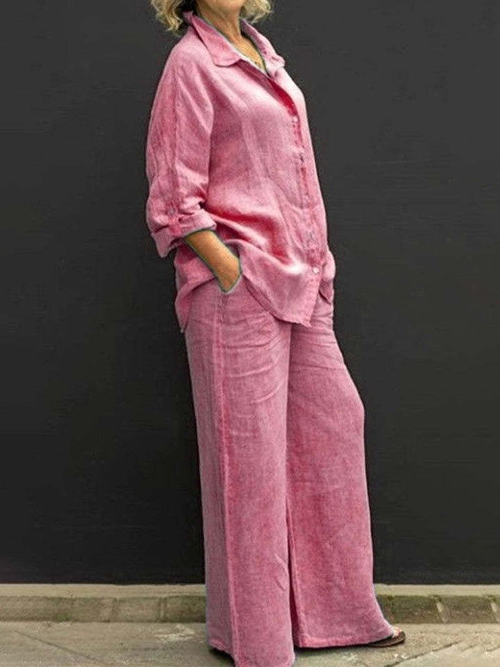Two-piece cotton-linen women's suit summer - Linora-Pink-S-Nora Luxe