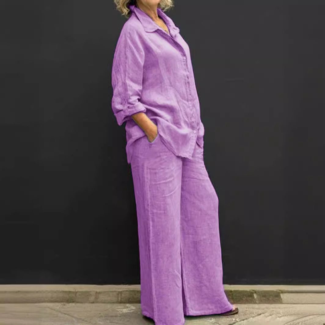 Two-piece cotton-linen women's suit summer - Linora-Purple-S-Nora Luxe