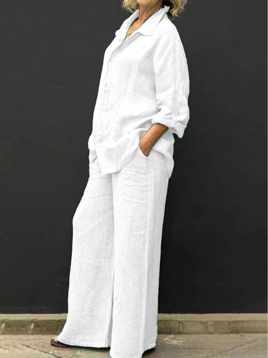 Two-piece cotton-linen women's suit summer - Linora-White-S-Nora Luxe