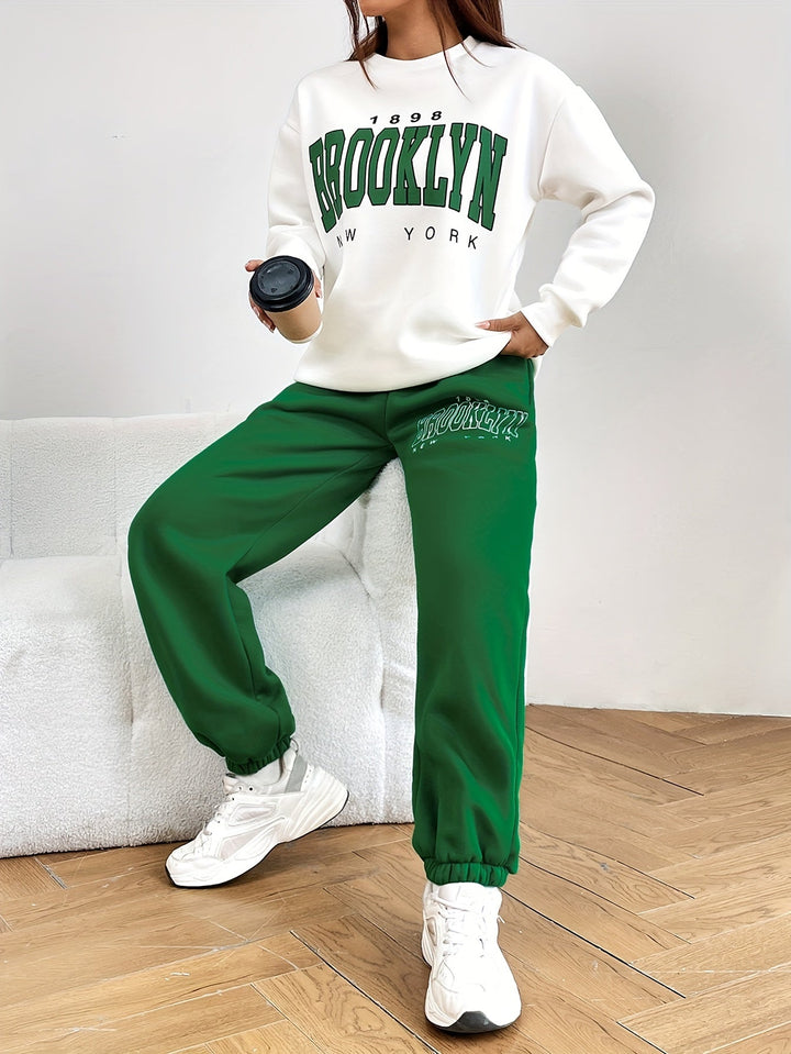 Two-piece Jogging Suit with Trendy Letter Print - Isabelle-Green-S-Nora Luxe