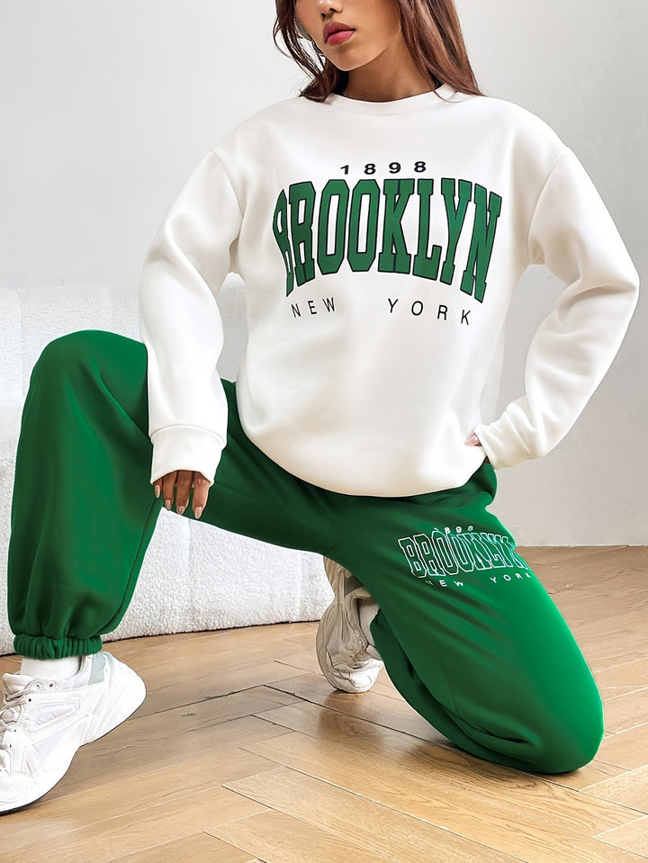 Two-piece Jogging Suit with Trendy Letter Print - Isabelle-Green-S-Nora Luxe