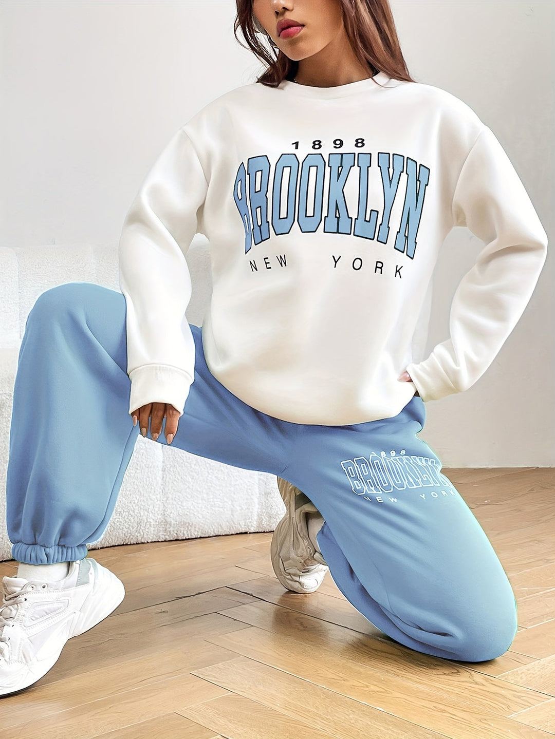 Two-piece Jogging Suit with Trendy Letter Print - Isabelle-Light blue-S-Nora Luxe