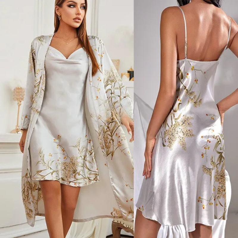 Two-Piece Satin Nightdress & Kimono Set with Floral Print – Noelle-Grey Set A-S-Nora Luxe