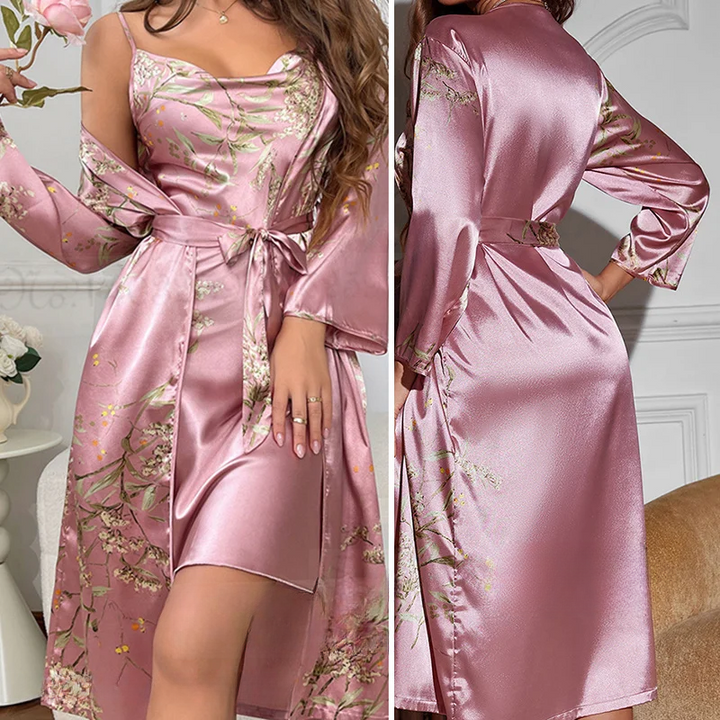 Two-Piece Satin Nightdress & Kimono Set with Floral Print – Noelle-Pink Set-S-Nora Luxe