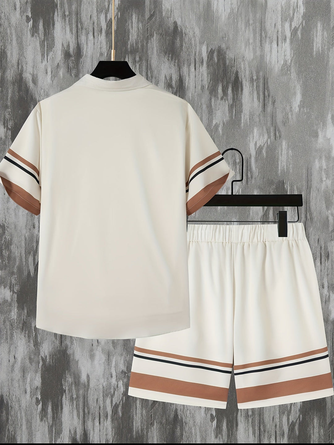 Two-piece set with striped print short-sleeve shirt and shorts - Mateo-Apricot-M-Nora Luxe