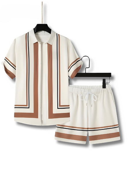 Two-piece set with striped print short-sleeve shirt and shorts - Mateo-Apricot-M-Nora Luxe