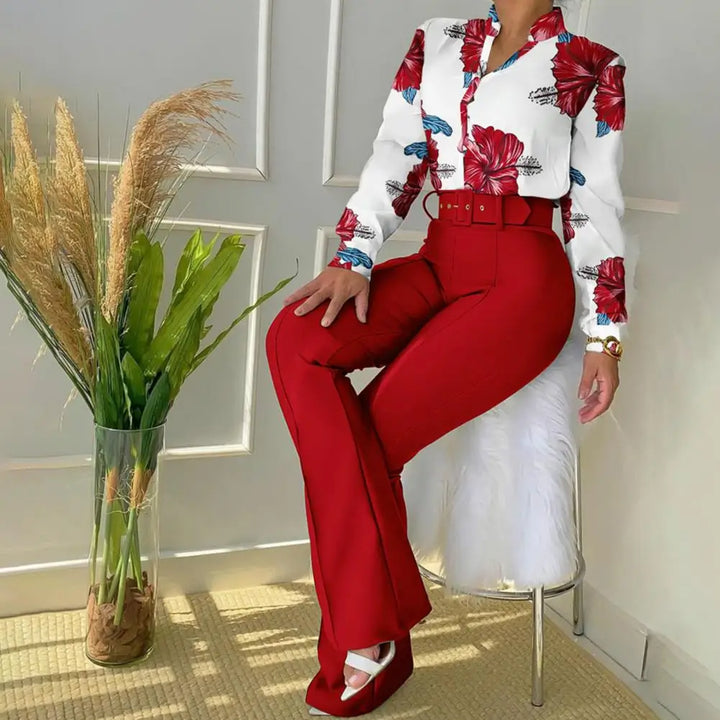 Two-Piece Set with Trousers and Blouse - Livia-Red-XS-Nora Luxe