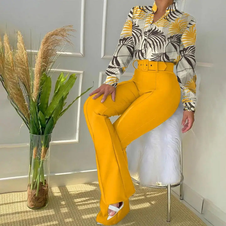 Two-Piece Set with Trousers and Blouse - Livia-Yellow-XS-Nora Luxe