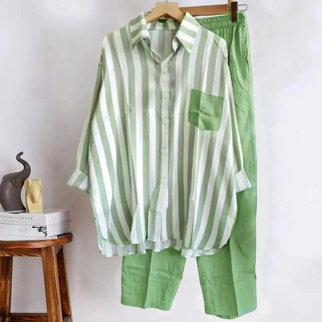 Two-piece summer set made of linen Loose shirt & Wide trousers - Zayenne-Green-S-Nora Luxe