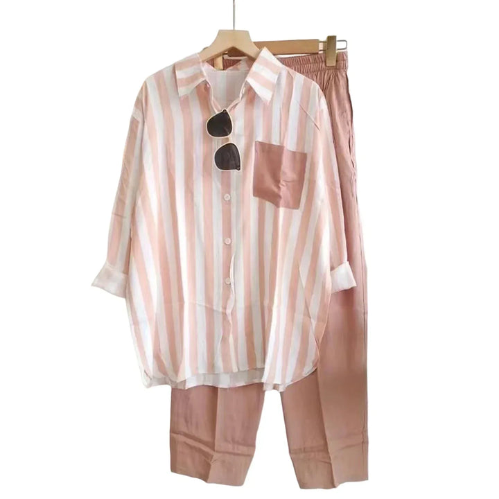 Two-piece summer set made of linen Loose shirt & Wide trousers - Zayenne-Pink-S-Nora Luxe