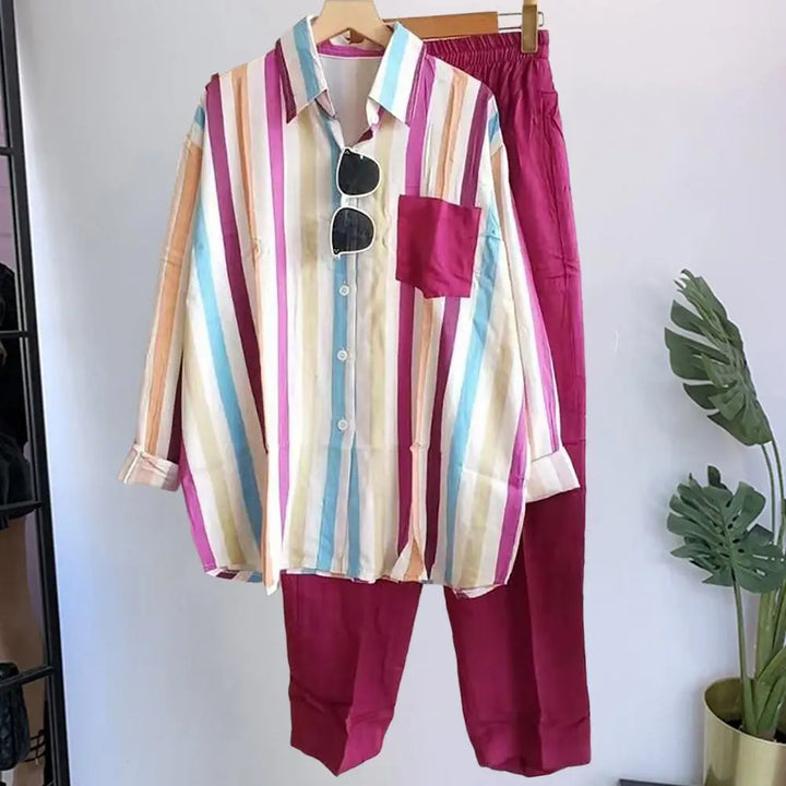 Two-piece summer set made of linen Loose shirt & Wide trousers - Zayenne-Rose pink-S-Nora Luxe