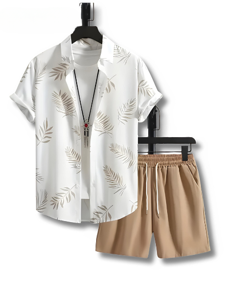 Two-piece summer set men leaf print shirt and shorts - Kiano-M-Nora Luxe