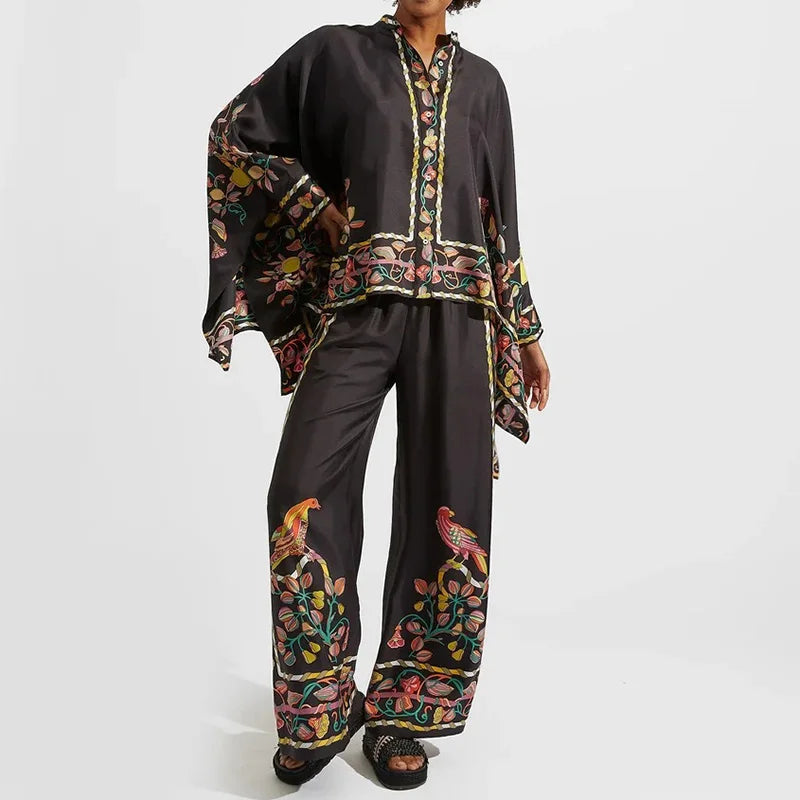 Two-piece Women's Linen Streetwear Set with Ethno Print – Samira-Black-S-Nora Luxe
