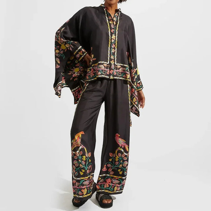 Two-piece Women's Linen Streetwear Set with Ethno Print – Samira-Black-S-Nora Luxe