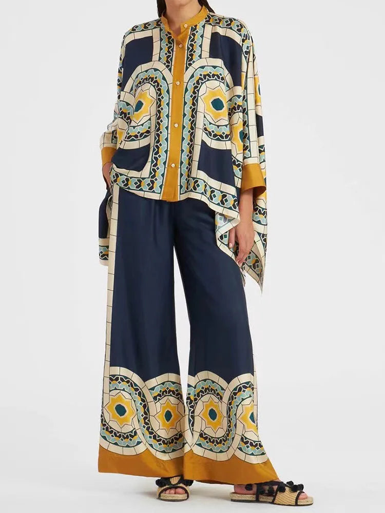 Two-piece Women's Linen Streetwear Set with Ethno Print – Samira-Blue-S-Nora Luxe