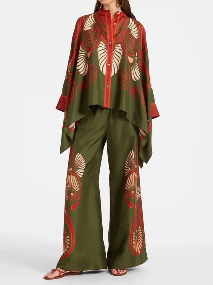 Two-piece Women's Linen Streetwear Set with Ethno Print – Samira-Green-S-Nora Luxe