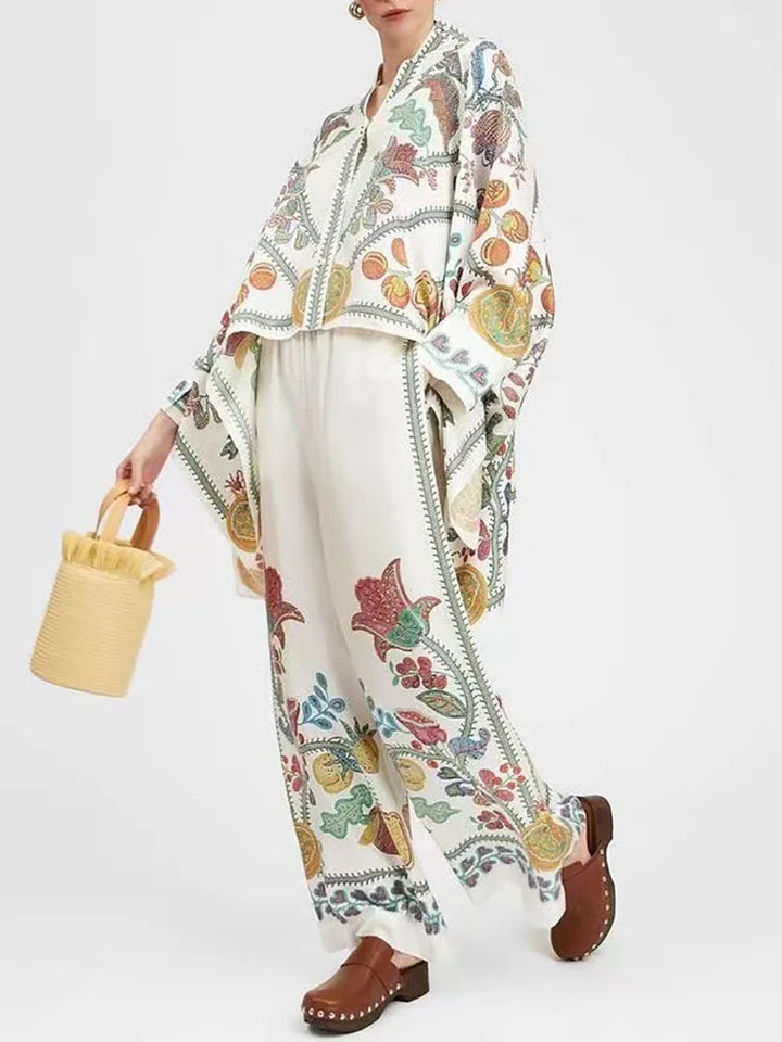 Two-piece Women's Linen Streetwear Set with Ethno Print – Samira-Pure white-S-Nora Luxe