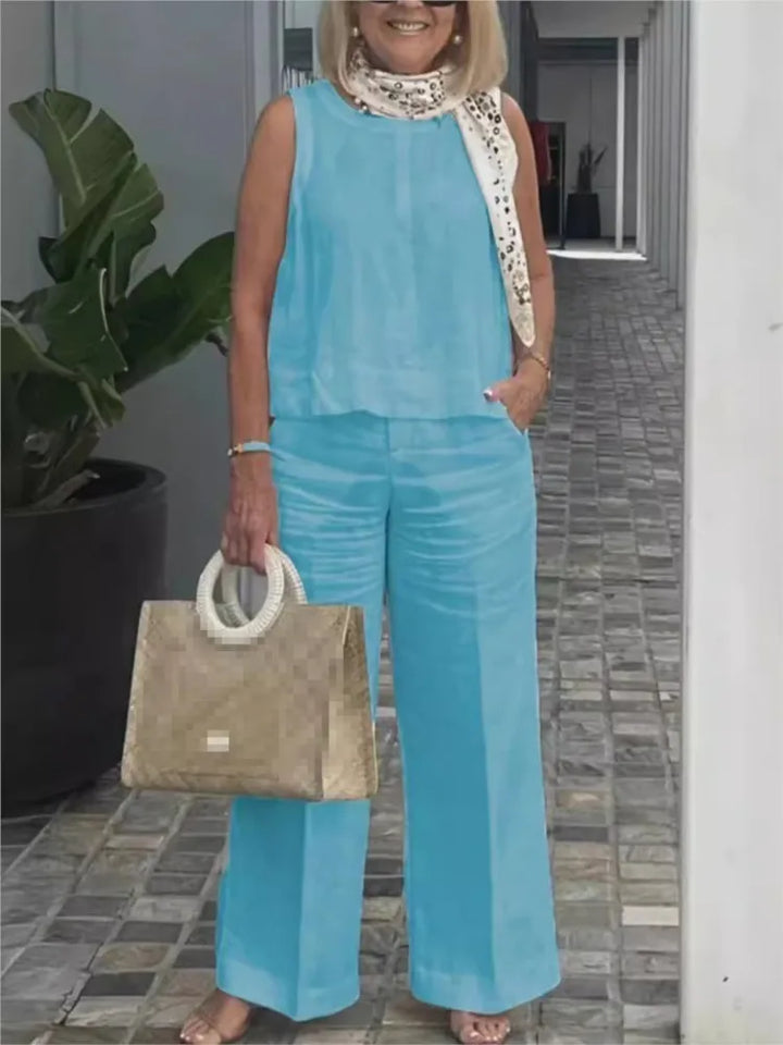 Two-piece women's summer set made of linen with sleeveless blouse – Maelics-Blue-S-Nora Luxe