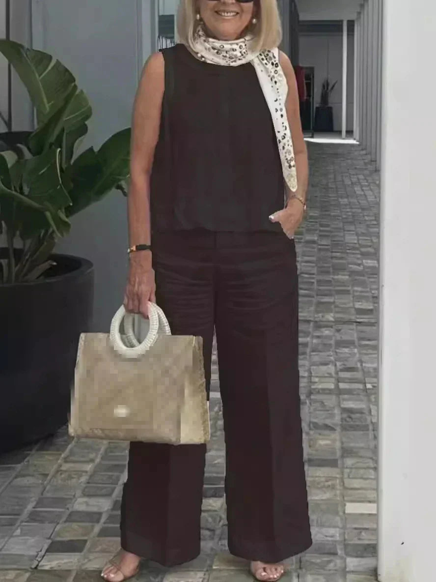 Two-piece women's summer set made of linen with sleeveless blouse – Maelics-Dark brown-S-Nora Luxe