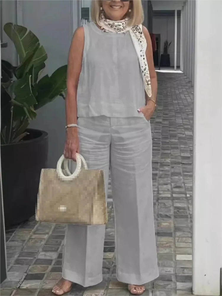 Two-piece women's summer set made of linen with sleeveless blouse – Maelics-Gray-S-Nora Luxe