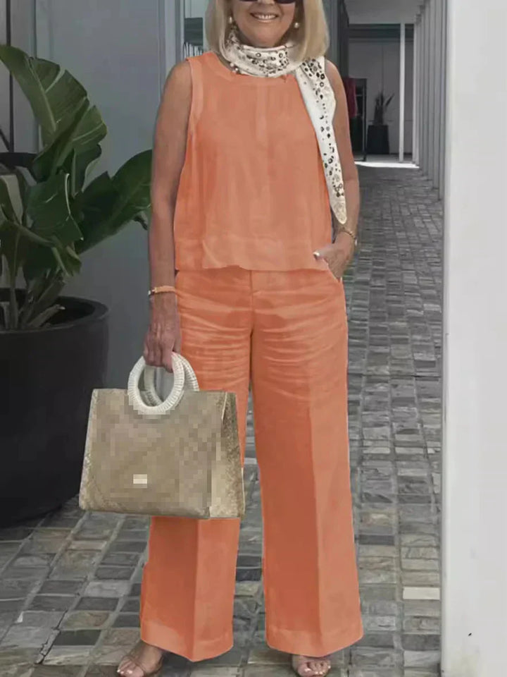 Two-piece women's summer set made of linen with sleeveless blouse – Maelics-Orange-S-Nora Luxe