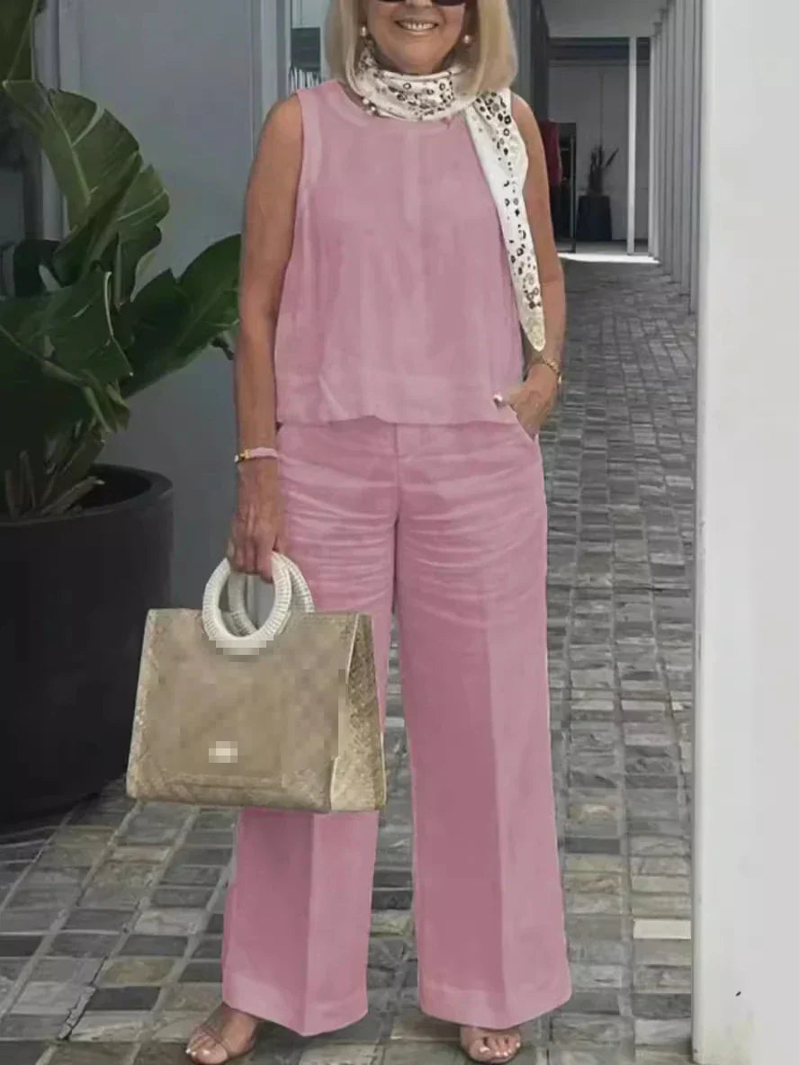 Two-piece women's summer set made of linen with sleeveless blouse – Maelics-Pink-S-Nora Luxe