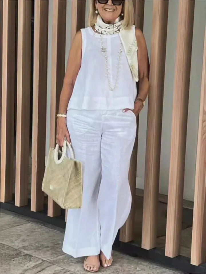 Two-piece women's summer set made of linen with sleeveless blouse – Maelics-White-S-Nora Luxe