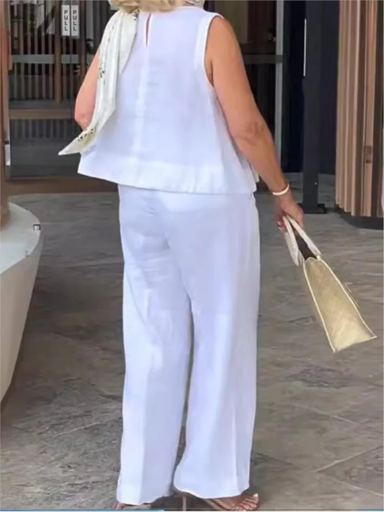 Two-piece women's summer set made of linen with sleeveless blouse – Maelics-Yellow-S-Nora Luxe