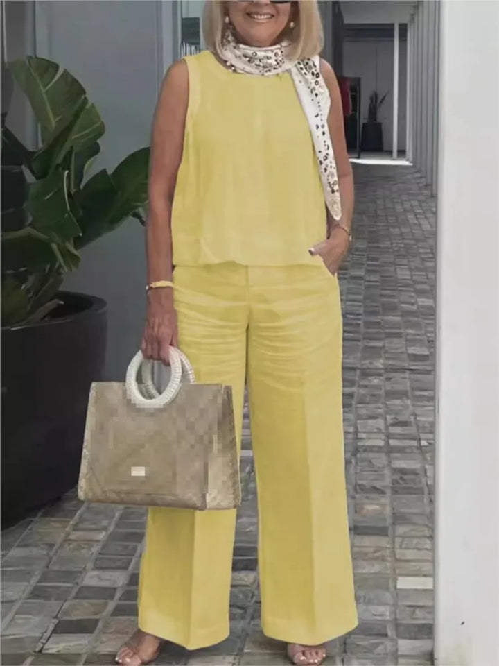 Two-piece women's summer set made of linen with sleeveless blouse – Maelics-Yellow-S-Nora Luxe