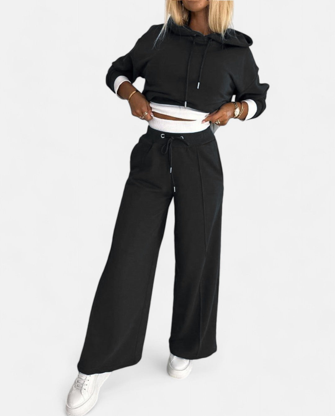 Two-Tone Hoodie Set with Wide Legs - Isabelle-Black-S-Nora Luxe