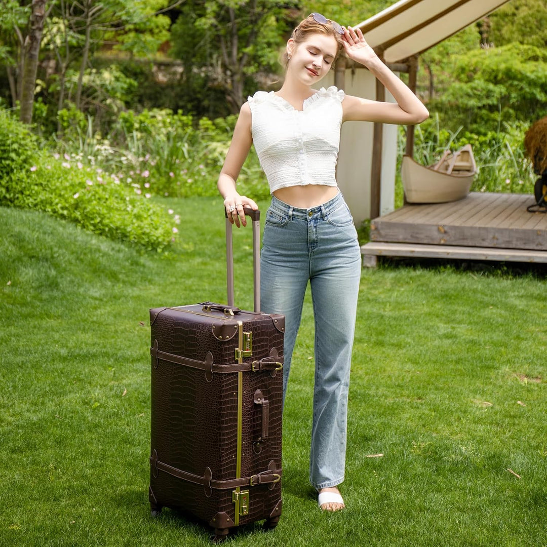 2-Piece Vintage-Inspired Luggage Set with Spinner Wheels and Protective Cover