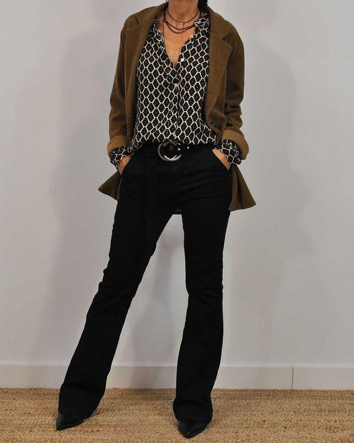 V-Neck Blouse with Long Sleeves - Elena-Black-XS-Nora Luxe