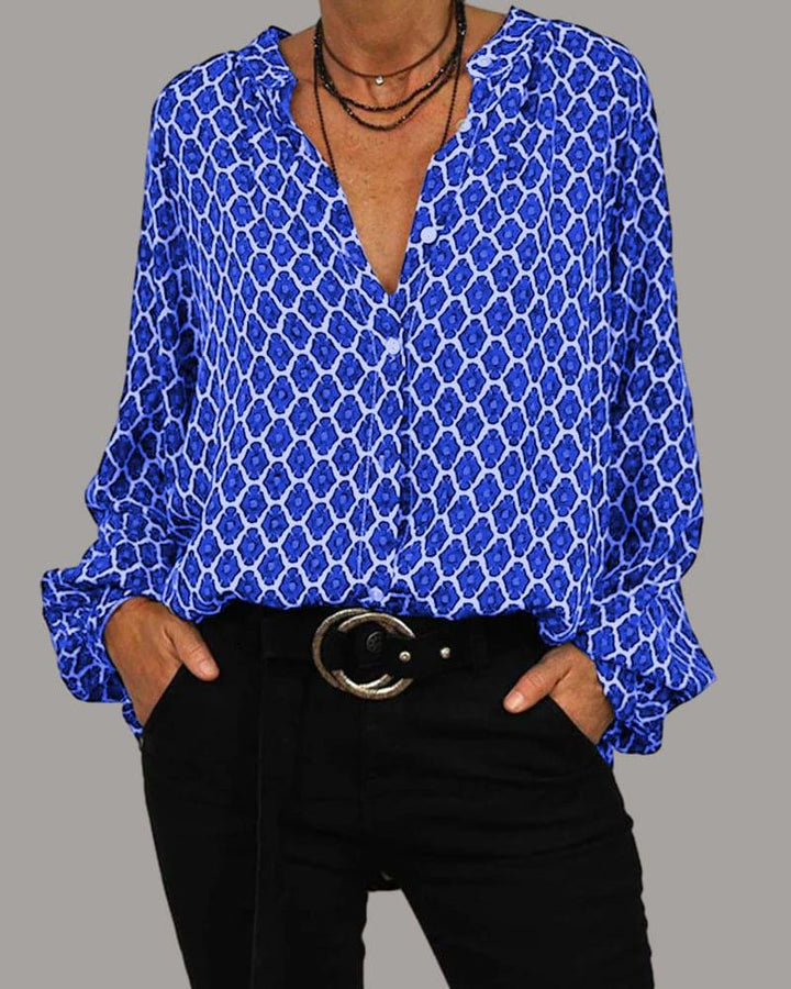 V-Neck Blouse with Long Sleeves - Elena-Blue-XS-Nora Luxe