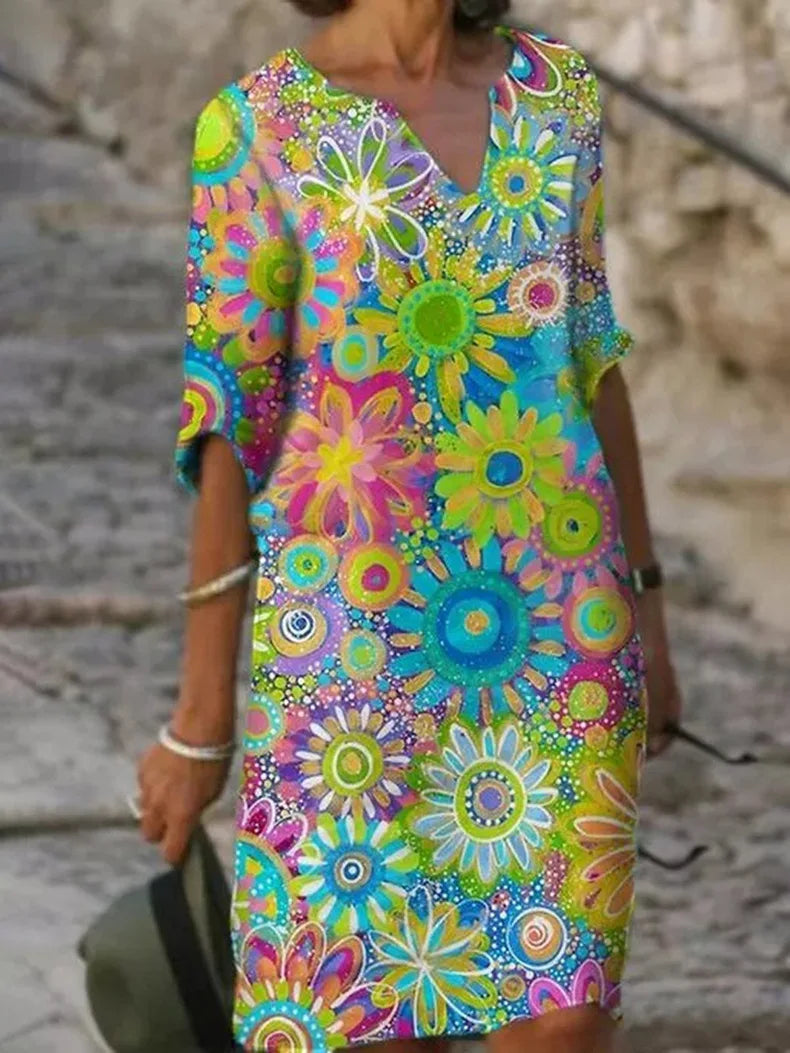 V-Neck Dress with Floral Print - Luna-Green-S-Nora Luxe