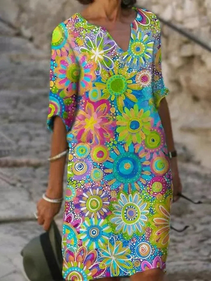 V-Neck Dress with Floral Print - Luna-Green-S-Nora Luxe