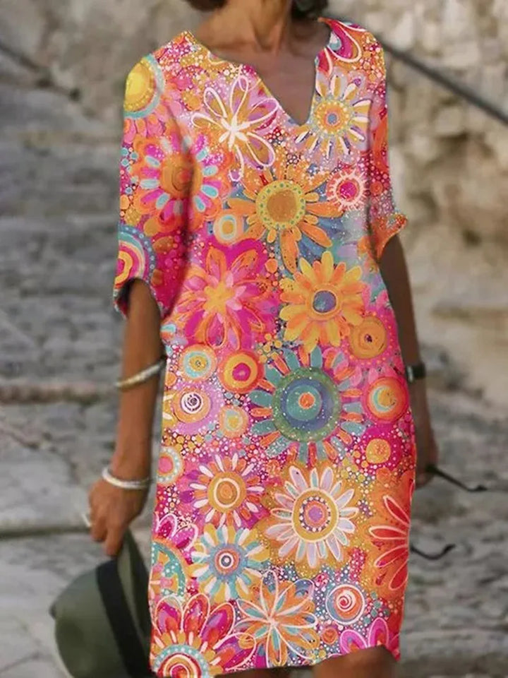 V-Neck Dress with Floral Print - Luna-Pink-S-Nora Luxe