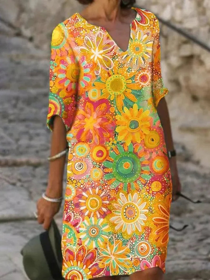 V-Neck Dress with Floral Print - Luna-Yellow-S-Nora Luxe