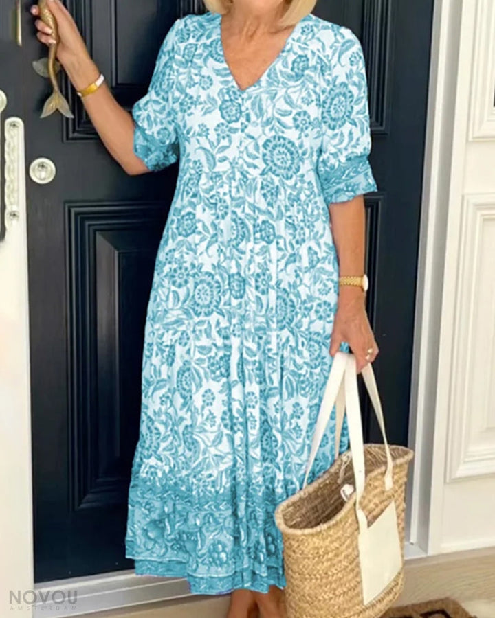 V-Neck Floral Dress – Soléna-Light blue-S-The Livary