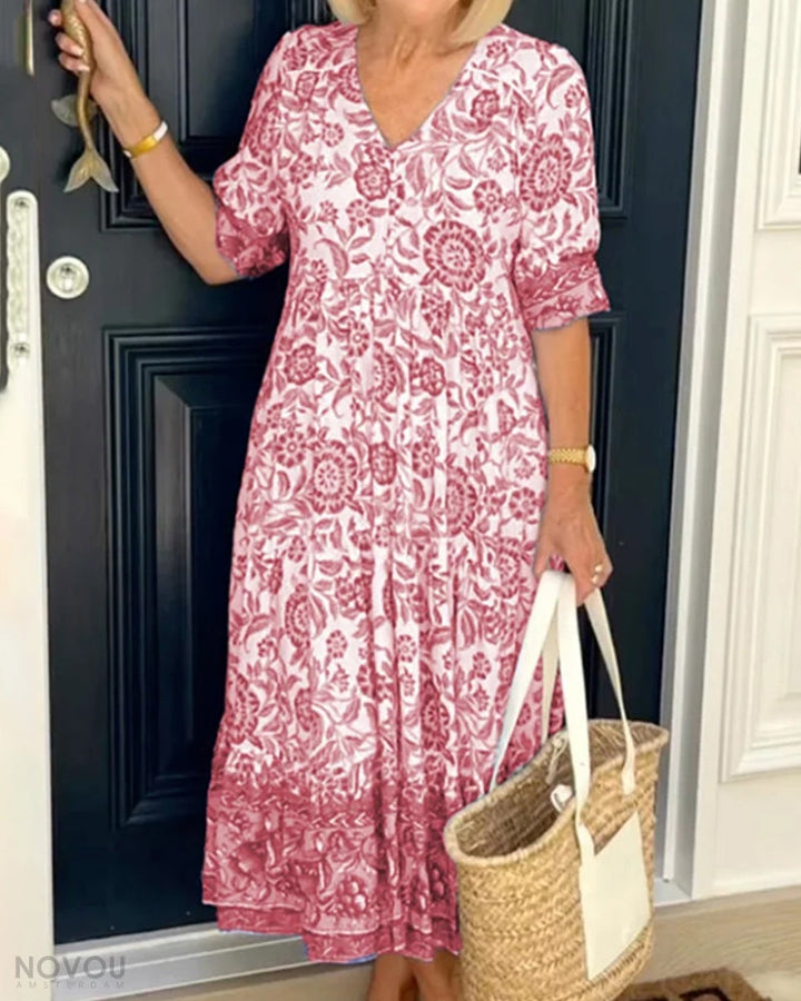 V-Neck Floral Dress – Soléna-Red-S-The Livary